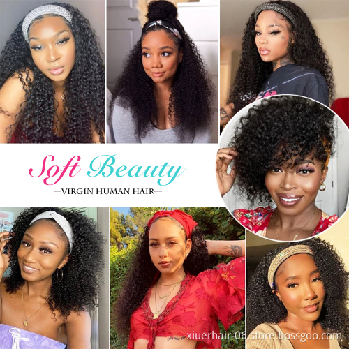 Headband Wig Human Hair Kinky Curly, Cuticle Aligned Human Hair Headband Wigs for Black Women